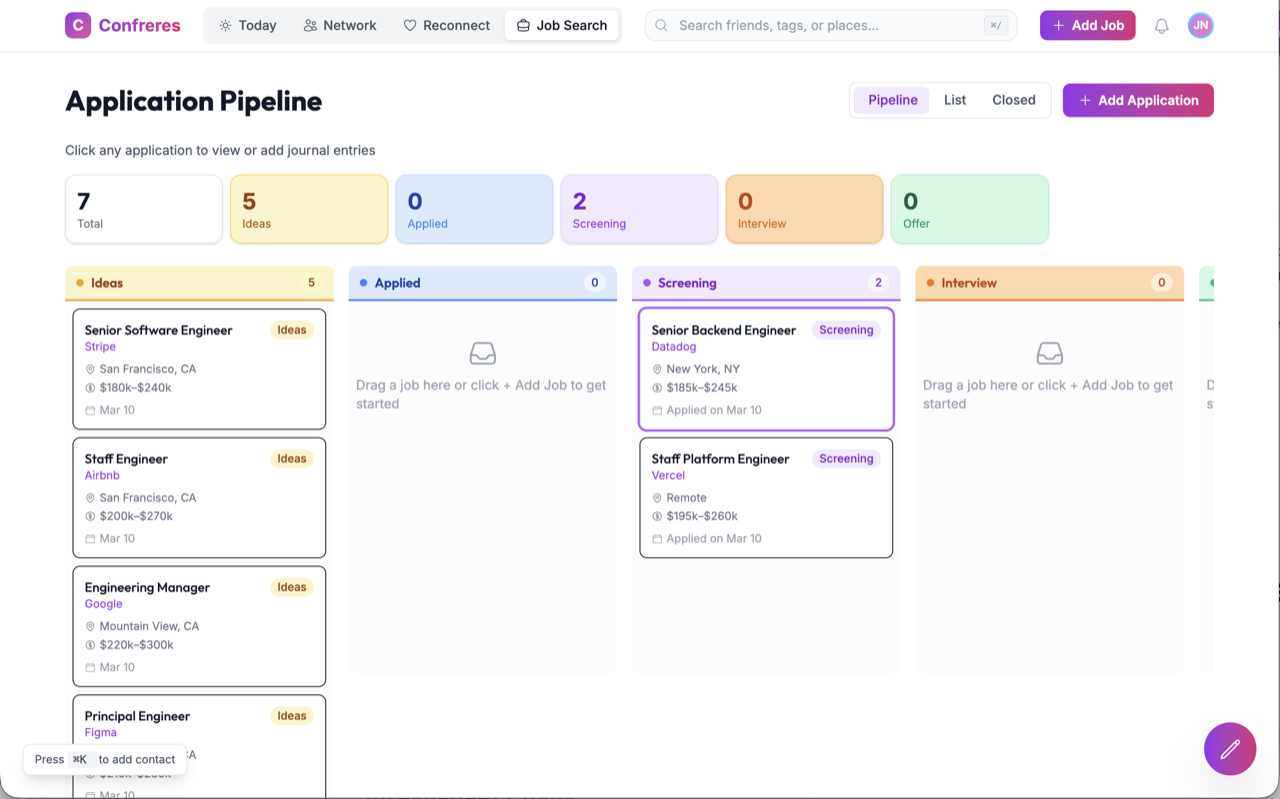 Job application tracker board with Ideas, Applied, Screening, Interview and Offer columns