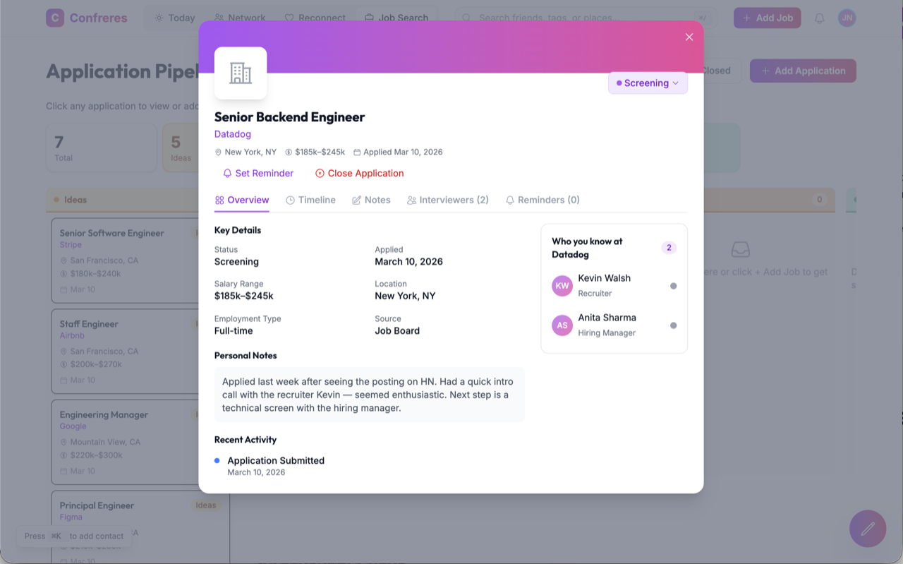 Job application detail with Overview, Timeline, Notes, Interviewers and Reminders tabs